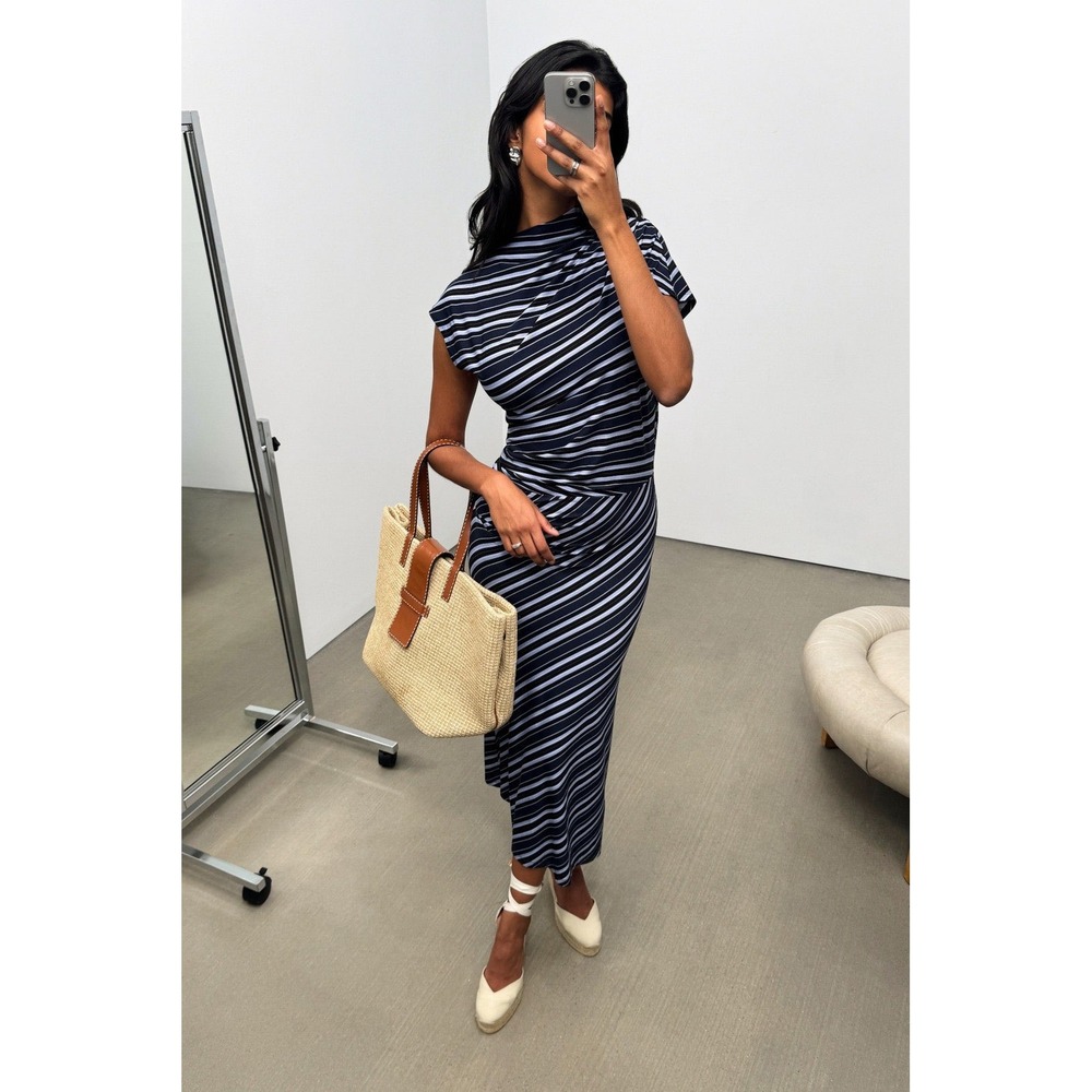Reiss Dillion Blue Striped Ruched Draped Maxi Long Dress XL Sleeveless Sheath - Picture 6 of 12